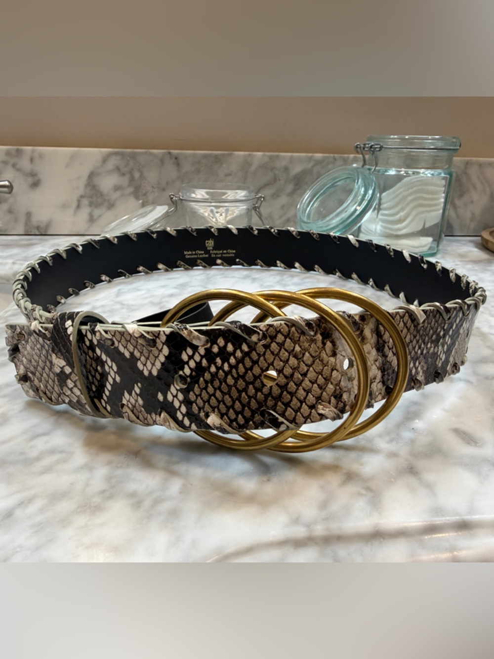 CAbi Snake-Print Triple-Ring Belt in Black and Cream